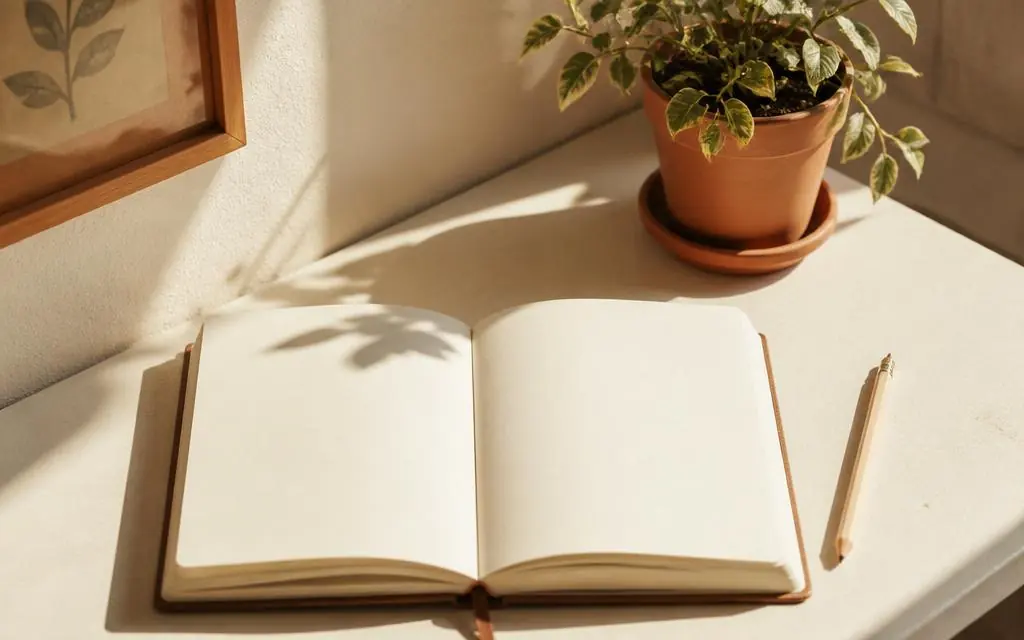 An open notebook, pencil and small plant on a sunlit desk