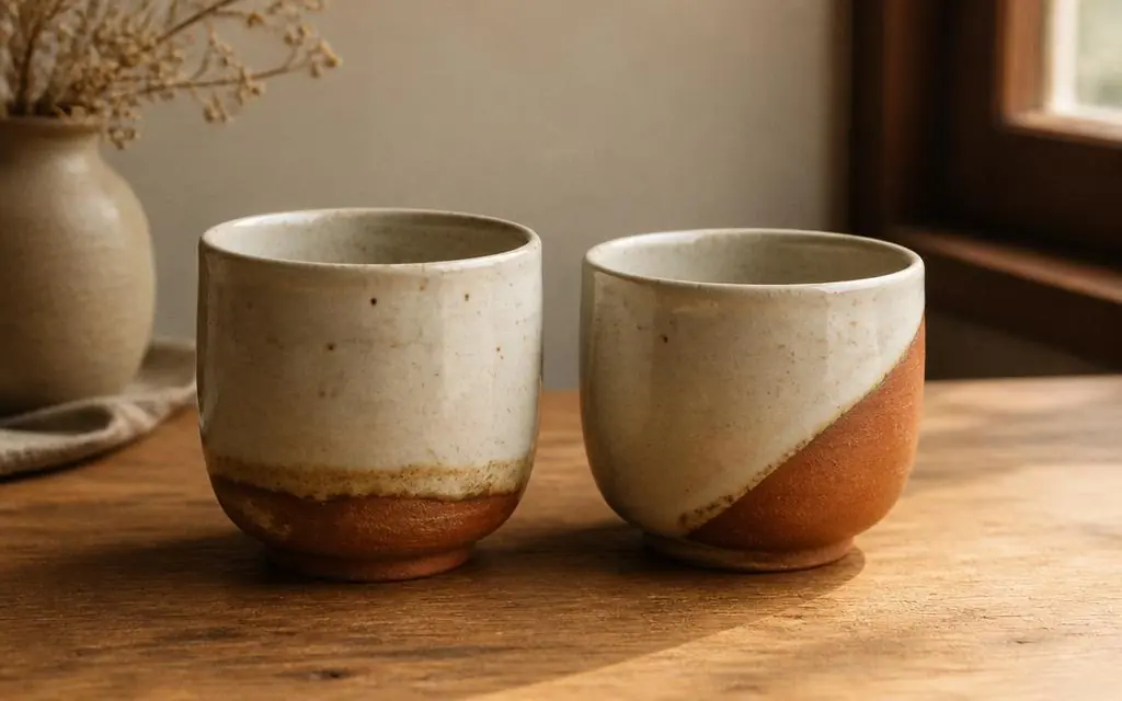 Two handmade ceramic cups side by side on a wooden table
